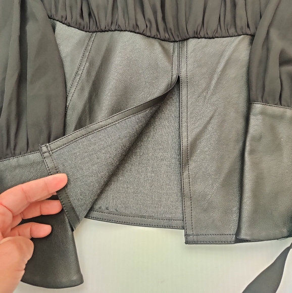 Gracia Black Peplum Chiffon Gathered Blouse With Faux Leather Accents. - Picture 4 of 9